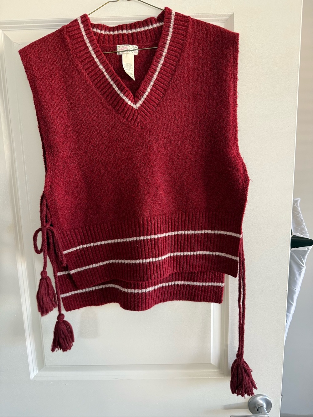Free People Burgundy V-Neck Cable-Tie Sweater Vest with White Stripes